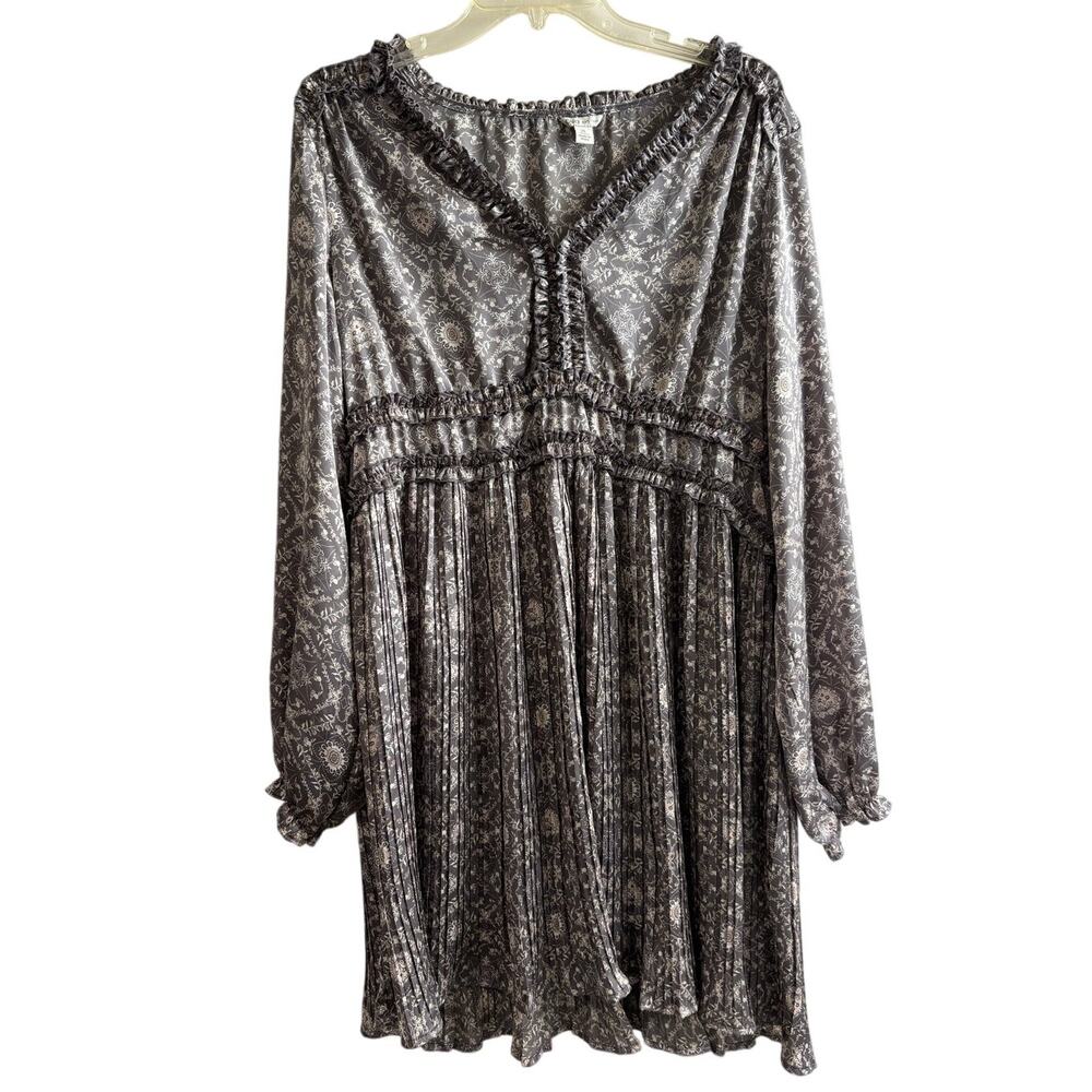 Cato XL Satin Floral Paisley Dress Gray Boho Ruffle Long Sleeve Fall